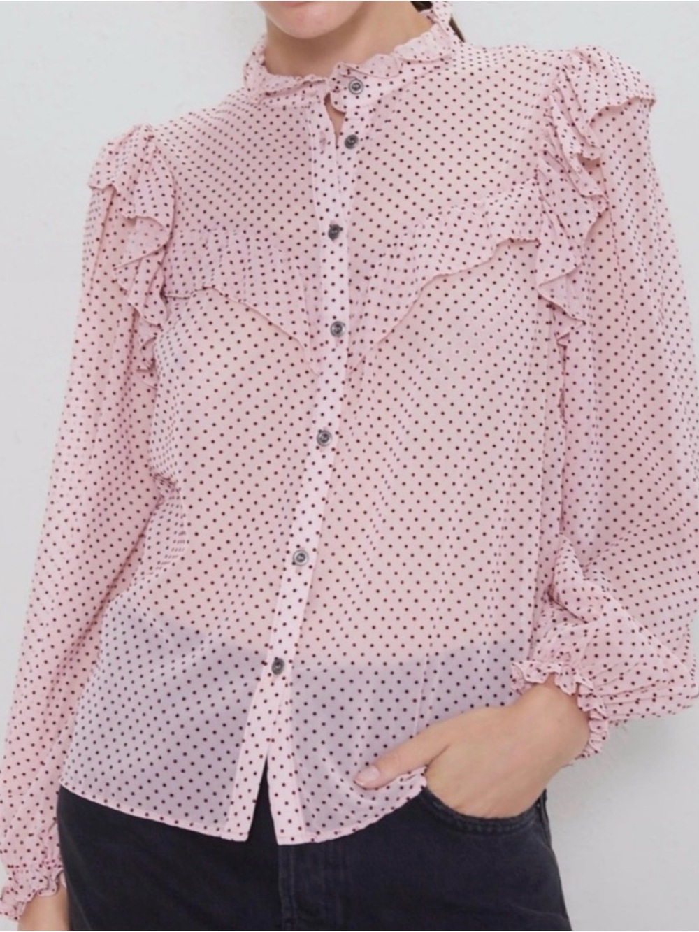 Zara Pink Polka Dot Ruffle Button-Down Blouse